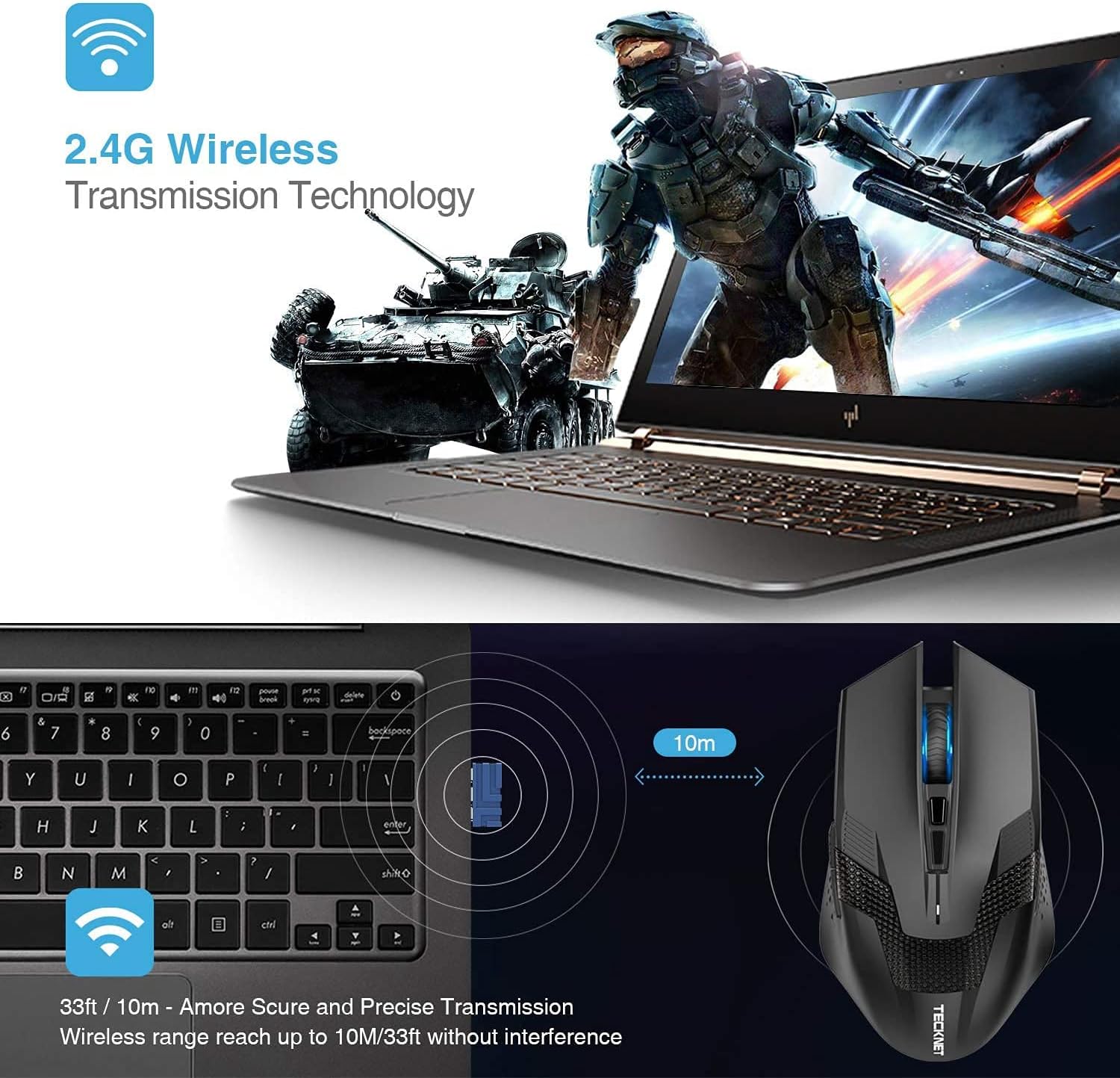 TECKNET Wireless Gaming Mouse 2.4G Optical USB Computer Mice, 8 Buttons, 4800DPI Nano Receiver for Win11, Win10, Win8, Win7, Windows XP, Vista, MAC - Amazing Gadgets Outlet