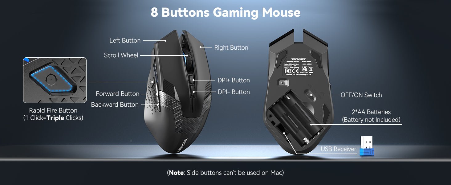 TECKNET Wireless Gaming Mouse, 8000 DPI Adjustable Optical Sensor 2.4G USB Computer Gaming Mouse, 8 Programmable Buttons, Ergonomic Cordless Mice for Laptop Desktop PC/Mac - Amazing Gadgets Outlet