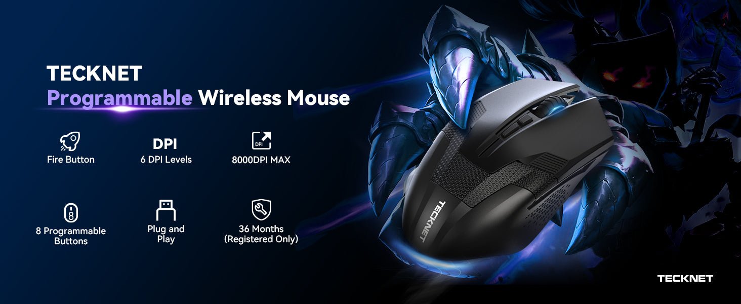 TECKNET Wireless Gaming Mouse, 8000 DPI Adjustable Optical Sensor 2.4G USB Computer Gaming Mouse, 8 Programmable Buttons, Ergonomic Cordless Mice for Laptop Desktop PC/Mac - Amazing Gadgets Outlet