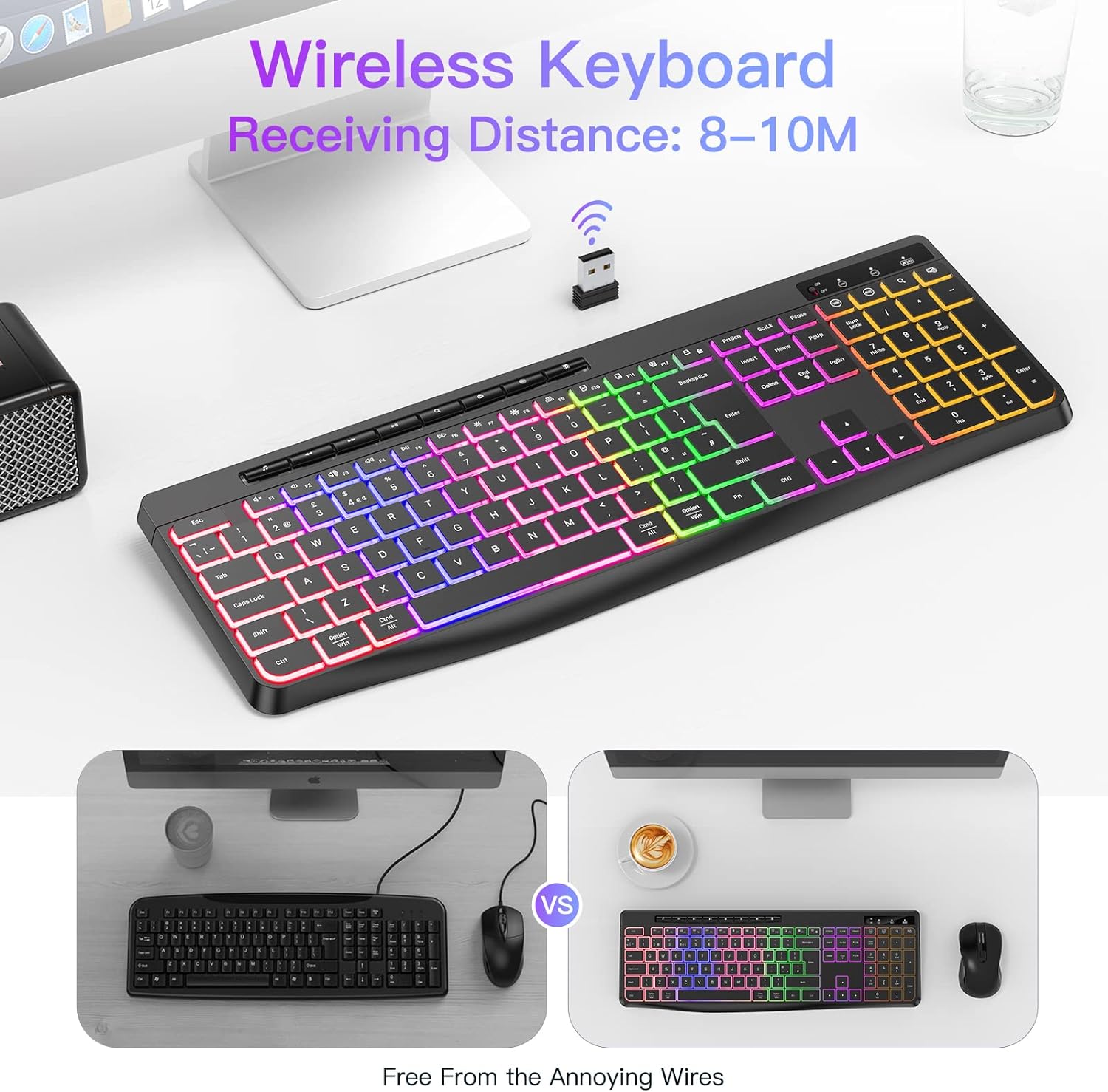 TECURS Wireless Keyboard QWERTY UK Layout, 2.4G Wireless Gaming Keyboard, LED Backlit, Ergonomic, Quiet, Waterproof, Full Size Keyboard with Multimedia Keys for Computer/PC/Laptop/MAC/Windows - Amazing Gadgets Outlet