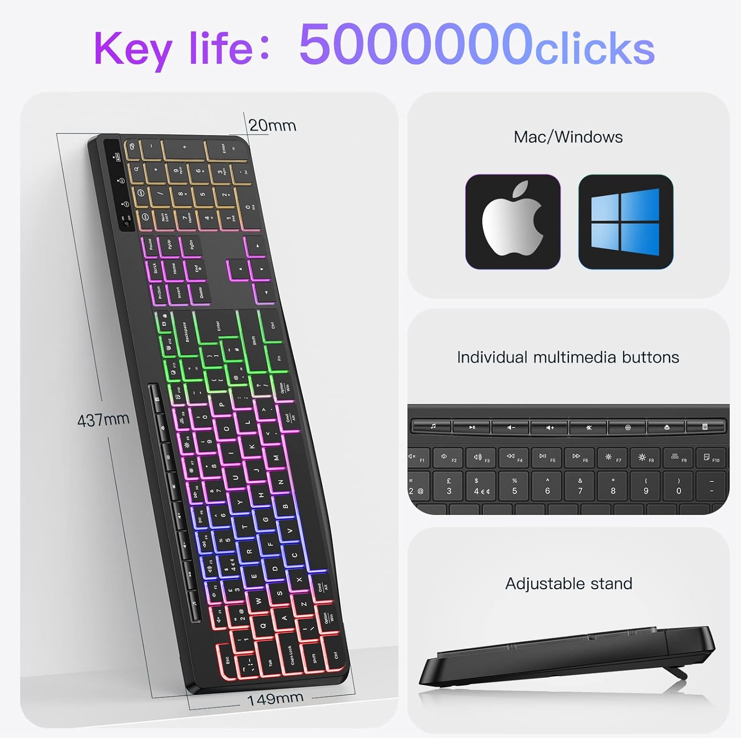 TECURS Wireless Keyboard QWERTY UK Layout, 2.4G Wireless Gaming Keyboard, LED Backlit, Ergonomic, Quiet, Waterproof, Full Size Keyboard with Multimedia Keys for Computer/PC/Laptop/MAC/Windows - Amazing Gadgets Outlet