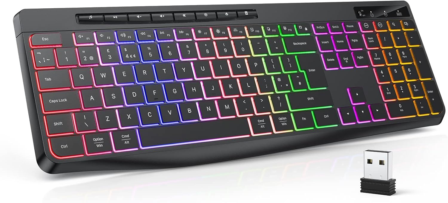 TECURS Wireless Keyboard QWERTY UK Layout, 2.4G Wireless Gaming Keyboard, LED Backlit, Ergonomic, Quiet, Waterproof, Full Size Keyboard with Multimedia Keys for Computer/PC/Laptop/MAC/Windows - Amazing Gadgets Outlet