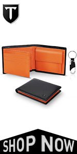 TEEHON® Wallets Slim Genuine Leather RFID Blocking Wallet with 11 Card Holder, 2 banknote compartments, Coin Pocket, Minimalist Wallets for Men UK with Gift Box - Black and Orange - Amazing Gadgets Outlet