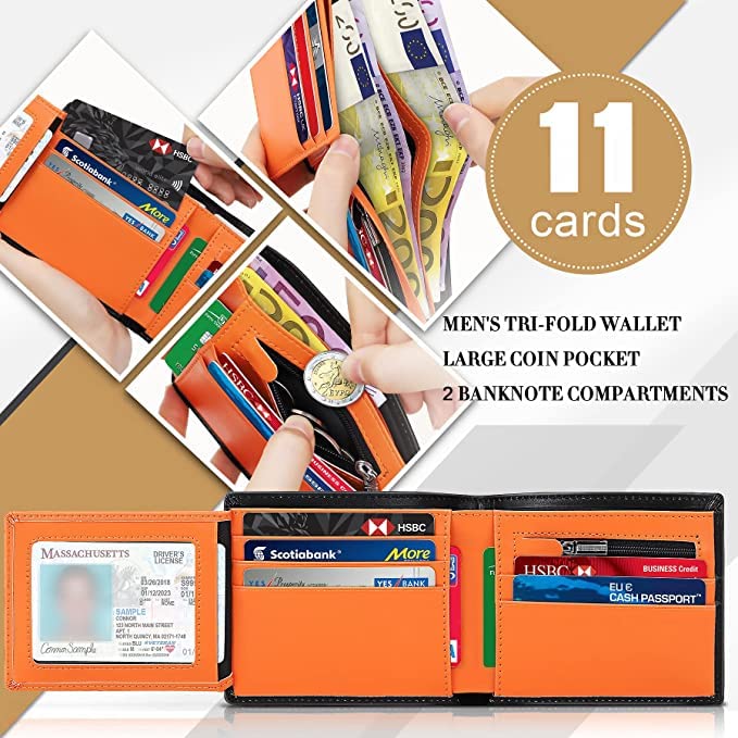 TEEHON® Wallets Slim Genuine Leather RFID Blocking Wallet with 11 Card Holder, 2 banknote compartments, Coin Pocket, Minimalist Wallets for Men UK with Gift Box - Black and Orange - Amazing Gadgets Outlet