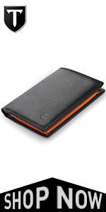 TEEHON® Wallets Slim Genuine Leather RFID Blocking Wallet with 11 Card Holder, 2 banknote compartments, Coin Pocket, Minimalist Wallets for Men UK with Gift Box - Black and Orange - Amazing Gadgets Outlet