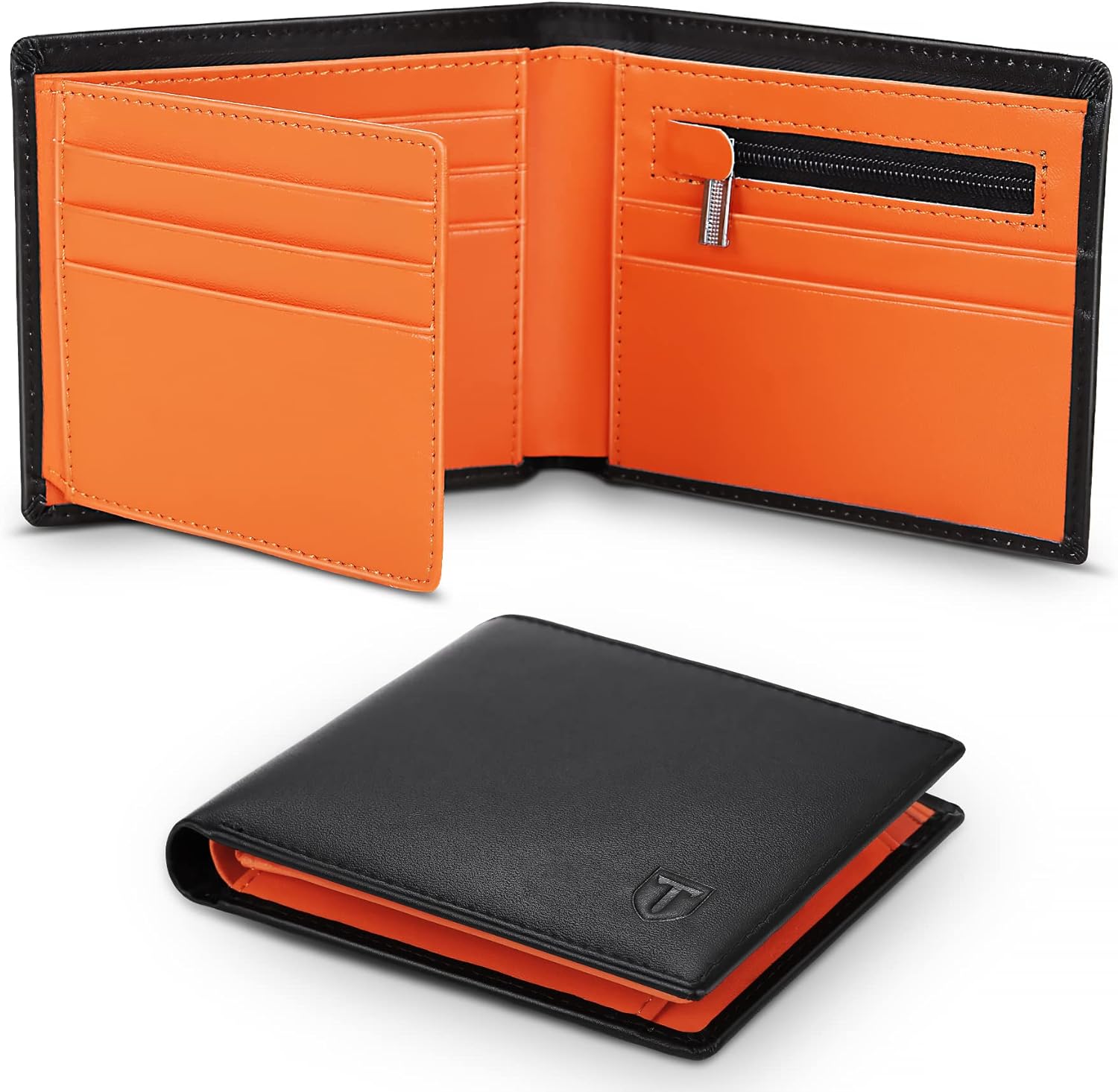 TEEHON® Wallets Slim Genuine Leather RFID Blocking Wallet with 11 Card Holder, 2 banknote compartments, Coin Pocket, Minimalist Wallets for Men UK with Gift Box - Black and Orange - Amazing Gadgets Outlet