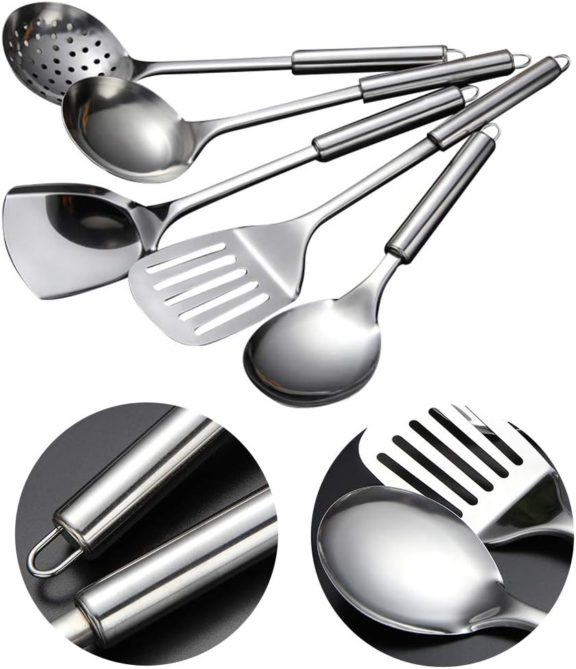 TGUS 5pcs Kitchen Utensil Set, Stainless Steel Cookware Set, Heat Resistant Kitchen Gadgets Includes Soup Spoon, Rice Spoon, Soild Spatula, Slotted Spatula and Colander(Sliver) - Amazing Gadgets Outlet