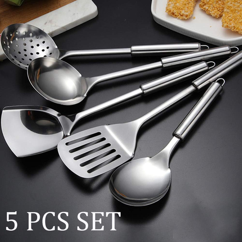 TGUS 5pcs Kitchen Utensil Set, Stainless Steel Cookware Set, Heat Resistant Kitchen Gadgets Includes Soup Spoon, Rice Spoon, Soild Spatula, Slotted Spatula and Colander(Sliver) - Amazing Gadgets Outlet