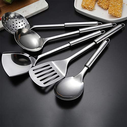 TGUS 5pcs Kitchen Utensil Set, Stainless Steel Cookware Set, Heat Resistant Kitchen Gadgets Includes Soup Spoon, Rice Spoon, Soild Spatula, Slotted Spatula and Colander(Sliver) - Amazing Gadgets Outlet