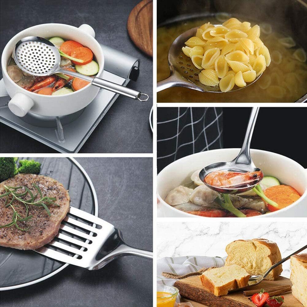 TGUS 5pcs Kitchen Utensil Set, Stainless Steel Cookware Set, Heat Resistant Kitchen Gadgets Includes Soup Spoon, Rice Spoon, Soild Spatula, Slotted Spatula and Colander(Sliver) - Amazing Gadgets Outlet