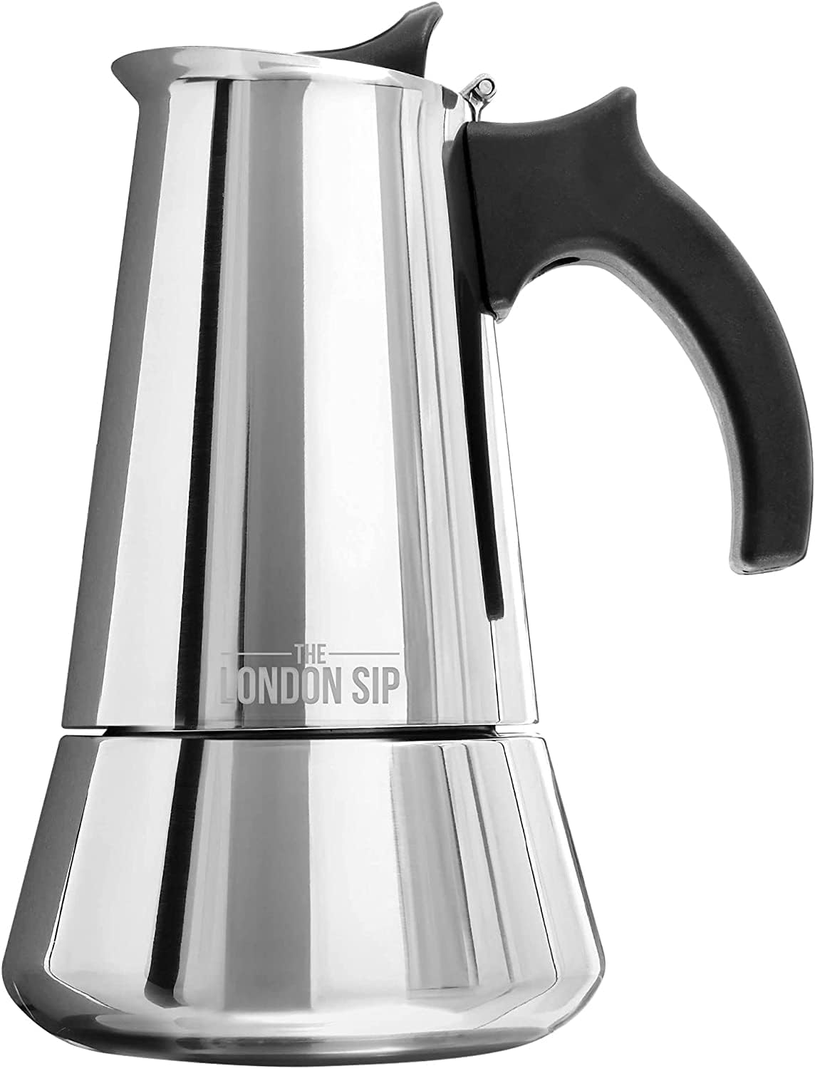 The London Sip Moka Pot, Stovetop Coffee Maker, Italian Style Espresso Maker, Stainless Steel, Induction Compatible, Modern Chrome, Black, 3 Cup (150 ml) - Amazing Gadgets Outlet