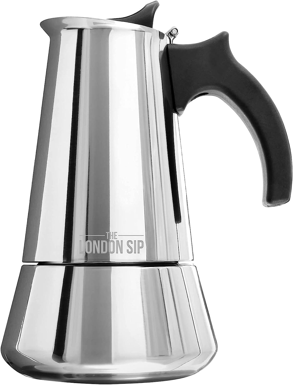 The London Sip Moka Pot, Stovetop Coffee Maker, Italian Style Espresso Maker, Stainless Steel, Induction Compatible, Modern Chrome, Black, 3 Cup (150 ml) - Amazing Gadgets Outlet