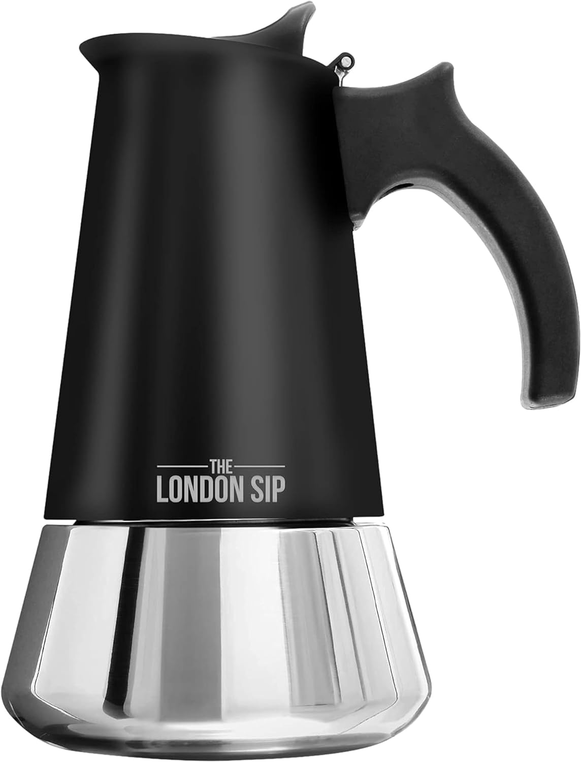 The London Sip Moka Pot, Stovetop Coffee Maker, Italian Style Espresso Maker, Stainless Steel, Induction Compatible, Modern Chrome, Black, 3 Cup (150 ml) - Amazing Gadgets Outlet