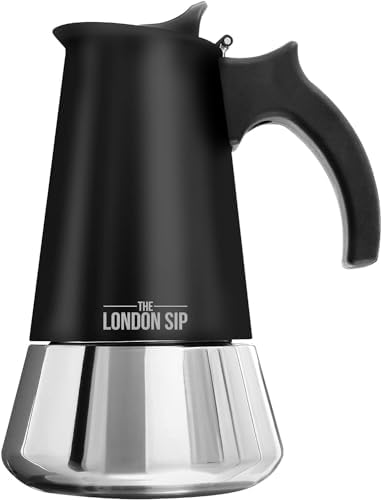 The London Sip Moka Pot, Stovetop Coffee Maker, Italian Style Espresso Maker, Stainless Steel, Induction Compatible, Modern Chrome, Black, 3 Cup (150 ml) - Amazing Gadgets Outlet