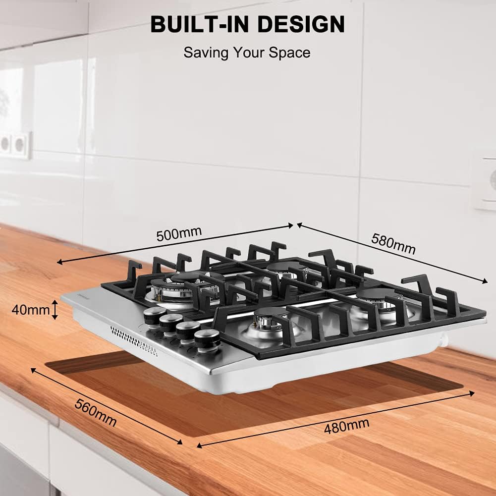 Thermomate GHSS604 Stainless Steel Gas Hob 4 Burners, 60cm Built in Gas Cooker with Cast Iron Support, Gas Cooktop with Flame Out Protection and Plug, NG/LPG Convertible - Amazing Gadgets Outlet