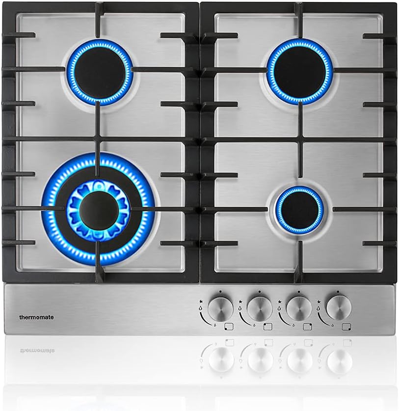 Thermomate GHSS604 Stainless Steel Gas Hob 4 Burners, 60cm Built in Gas Cooker with Cast Iron Support, Gas Cooktop with Flame Out Protection and Plug, NG/LPG Convertible - Amazing Gadgets Outlet