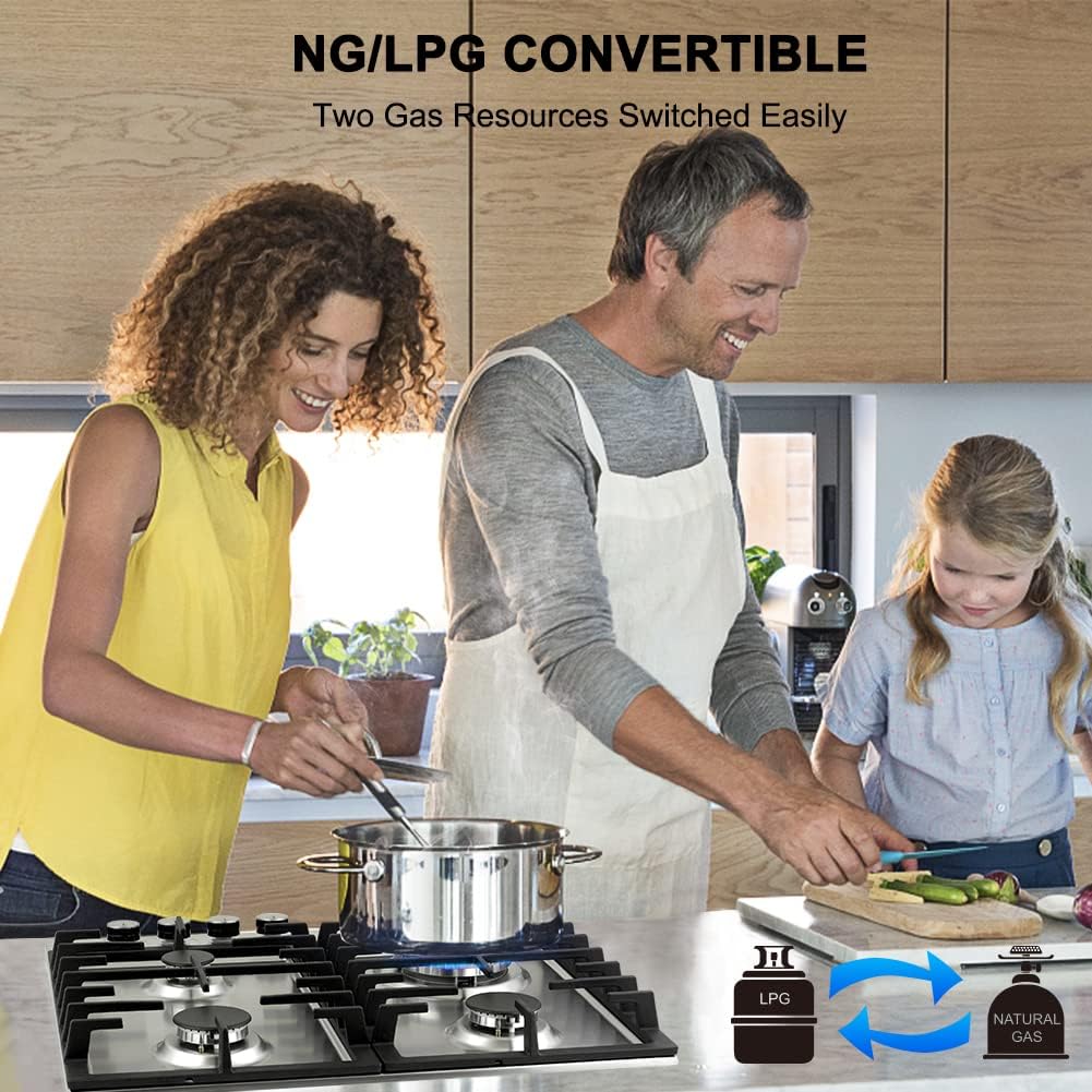 Thermomate GHSS604 Stainless Steel Gas Hob 4 Burners, 60cm Built in Gas Cooker with Cast Iron Support, Gas Cooktop with Flame Out Protection and Plug, NG/LPG Convertible - Amazing Gadgets Outlet