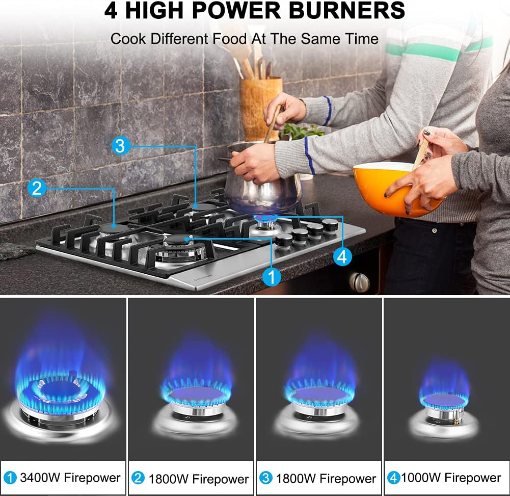 Thermomate GHSS604 Stainless Steel Gas Hob 4 Burners, 60cm Built in Gas Cooker with Cast Iron Support, Gas Cooktop with Flame Out Protection and Plug, NG/LPG Convertible - Amazing Gadgets Outlet