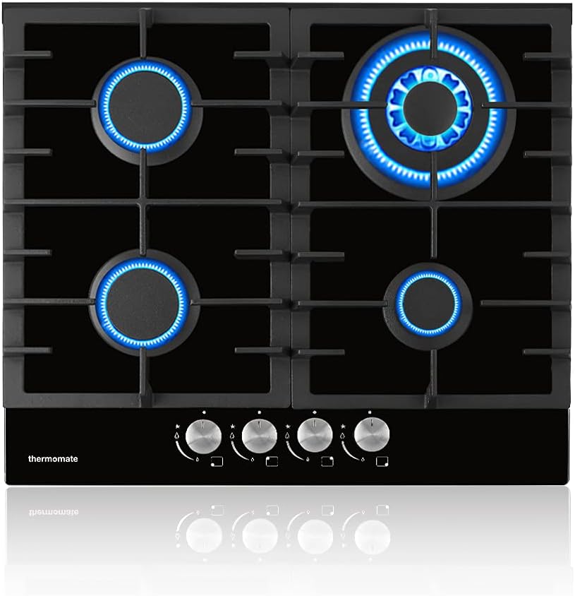 Thermomate GHSS604 Stainless Steel Gas Hob 4 Burners, 60cm Built in Gas Cooker with Cast Iron Support, Gas Cooktop with Flame Out Protection and Plug, NG/LPG Convertible - Amazing Gadgets Outlet