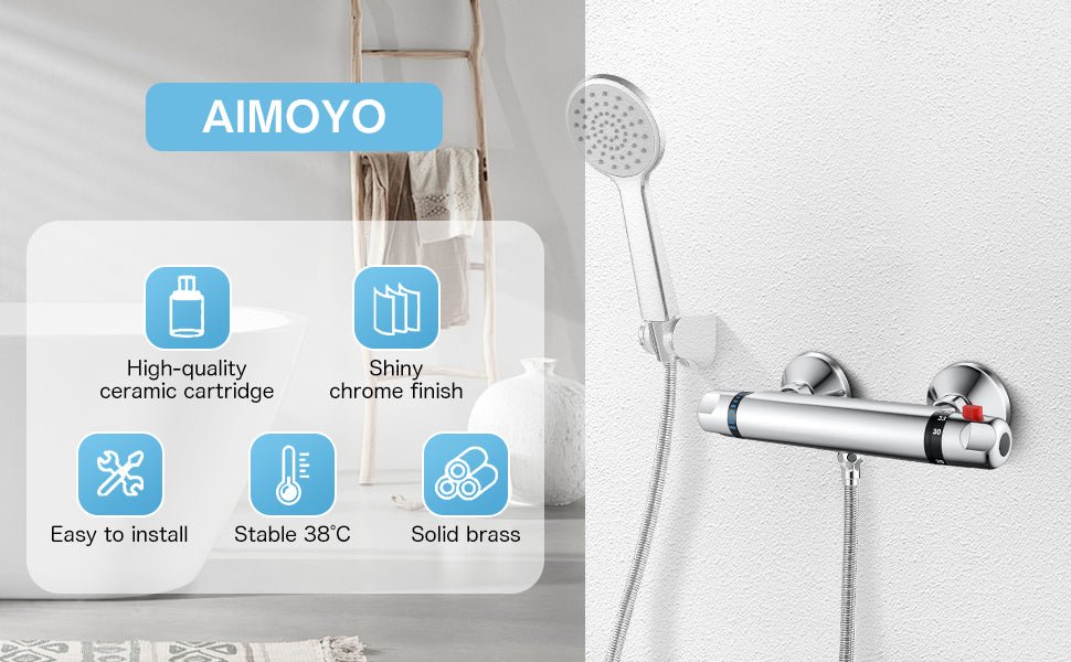 Thermostatic Shower Mixer Bar, AIMOYO Wall Mounted Shower Mixer Valve, Modern Anti Scald Thermostatic Shower Tap, 38°C Temperature Control for Bathroom, Chrome, G1/2" Outlet   Import  Single ASIN  Import  Multiple ASIN ×Product customization - Amazing Gadgets Outlet