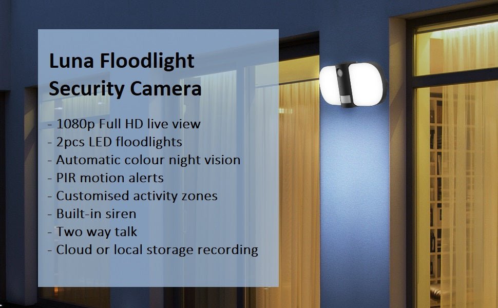 Time2 Luna LED Floodlight Smart 2.4Ghz WiFi Camera with 120db Siren, PIR Motion Alerts, 2 Way Audio, 1080p Full HD CCTV Cam with Night Vision, IP65 Weatherproof, Video Playback, Cloud & Local Storage - Amazing Gadgets Outlet