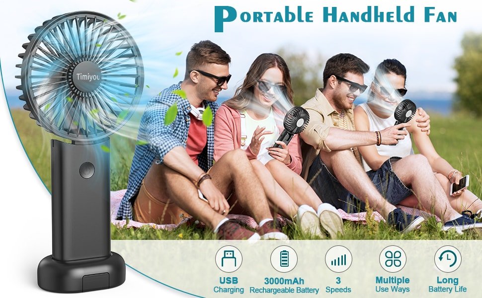 Timiyou Handheld Fan, Portable Hand Held Fan with 3 Speed, Mini Hand Fan 3000mAh Battery Operated, USB Rechargeable Foldable Desk Fan for Travel Camping Home Office - Amazing Gadgets Outlet