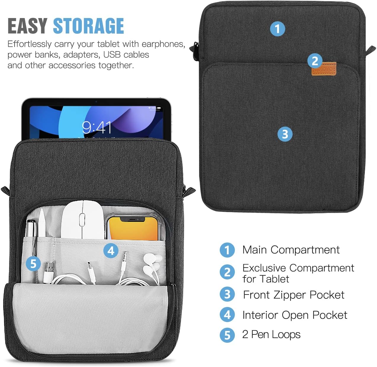 TiMOVO 9 - 11" Tablet Sleeve Bag Case with Shoulder Strap for iPad 10.2 2021 - 2019, iPad 10th Generation 2022, iPad Air 5/4 10.9, iPad Pro 11 2022 - 2018, Galaxy Tab S9/S8/A8/A7 2023, Black & Grey - Amazing Gadgets Outlet