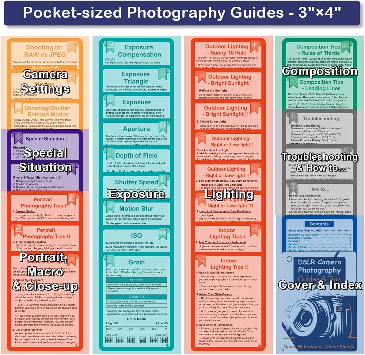 Tip Info Photography Accessories DSLR Cheat Sheet Cards for Canon, Nikon, Sony, Camera Quick Reference Guides & Tips: Settings, Exposure, Modes, Composition, Lighting etc 4×3 inch - Amazing Gadgets Outlet