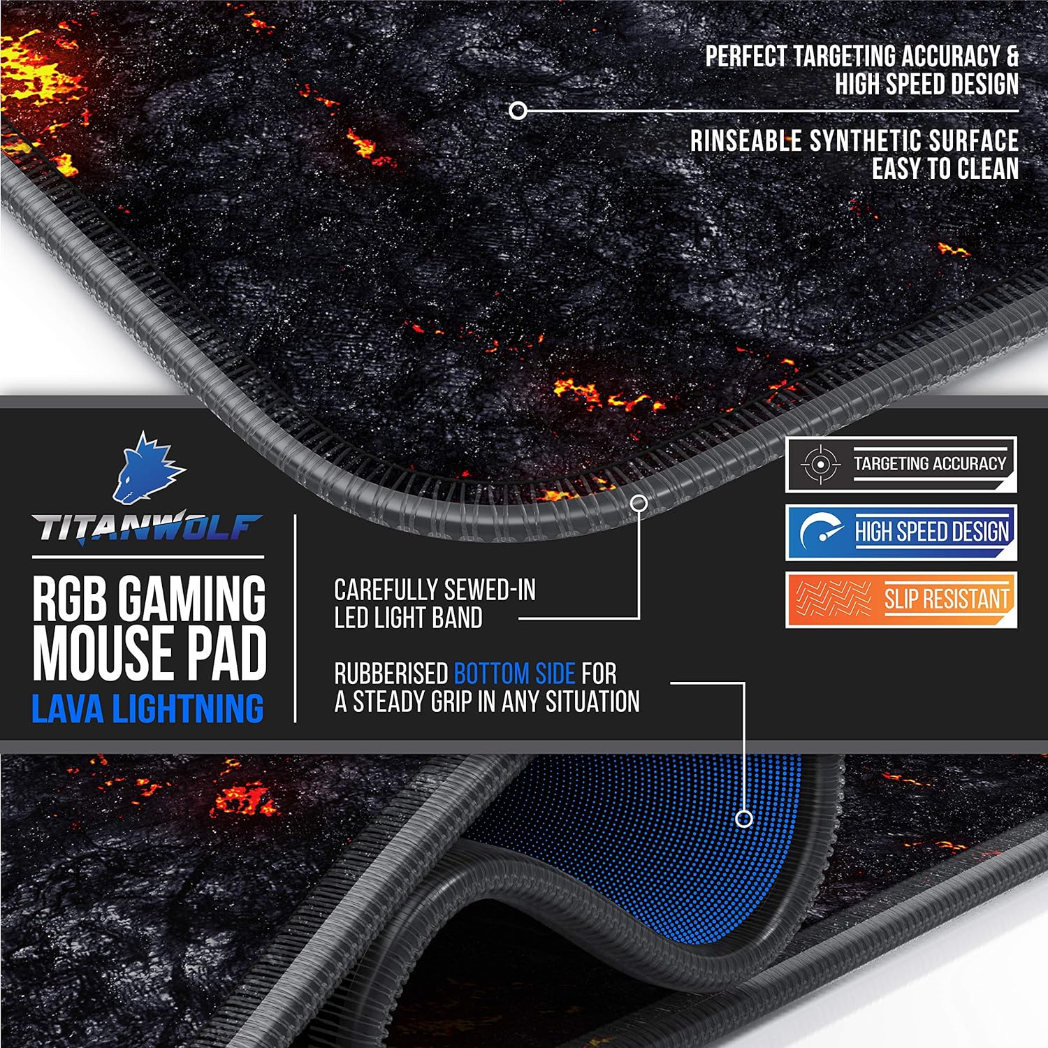 TITANWOLF XXL RGB Gaming Mouse Mat Pad - 800x300mm - XXXL Extended Large LED Mousepad - 11 Multi colors and effect modes - Non Slip Rubber Base - Computer Keyboard Mice Mat for Macbook PC - Lava - Amazing Gadgets Outlet