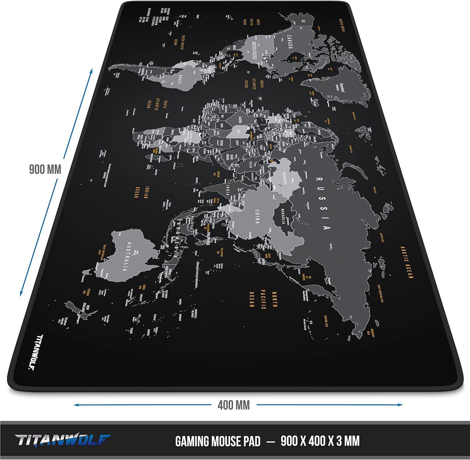 TITANWOLF XXL Speed Gaming Mouse Mat World - Mouse Pad 900 x 400 x 3mm – extra large mouse mat - Table mat large size - improved precision and speed – Design Planisphere black - Amazing Gadgets Outlet