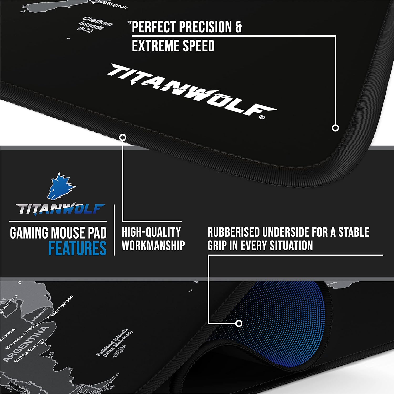 TITANWOLF XXL Speed Gaming Mouse Mat World - Mouse Pad 900 x 400 x 3mm – extra large mouse mat - Table mat large size - improved precision and speed – Design Planisphere black - Amazing Gadgets Outlet