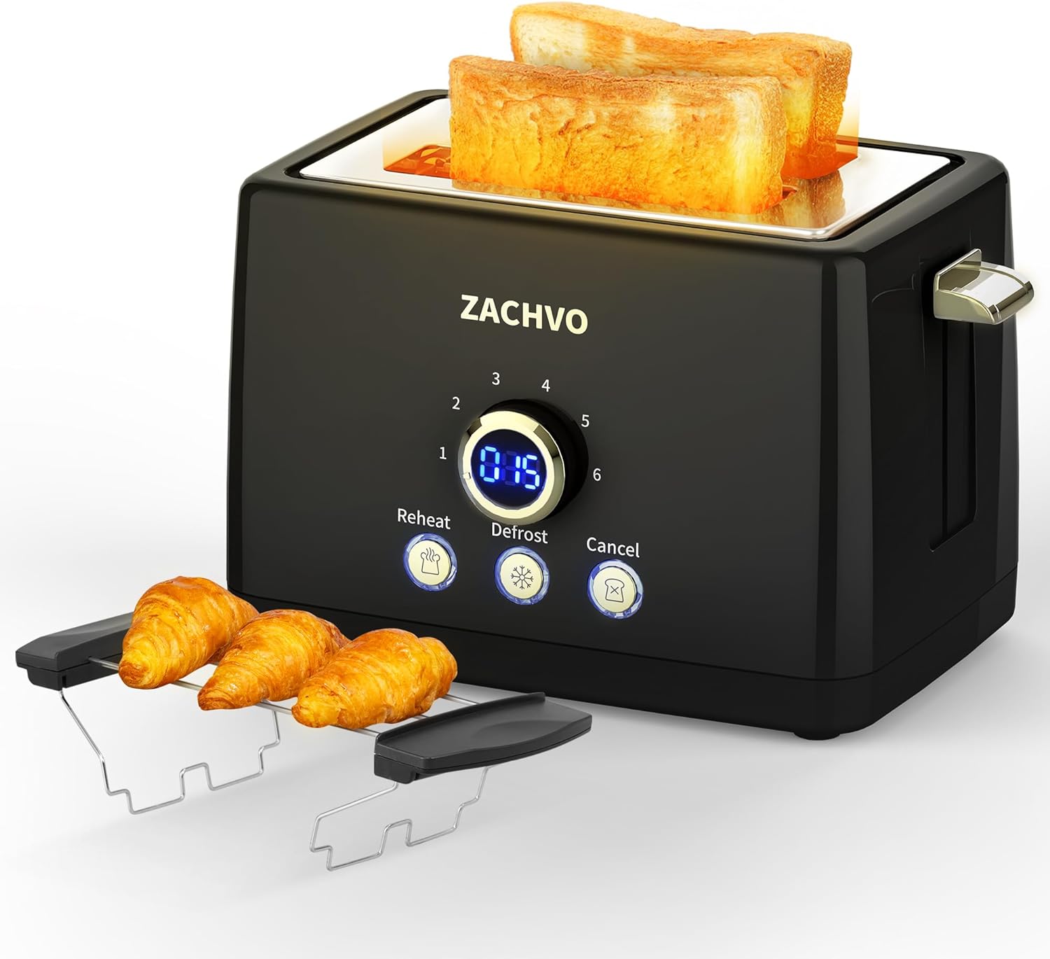 Toaster 2 Slice - ZACHVO Toaster with LCD Countdown Timer, 6 Browning Setting - 850W Bread Toaster with Warming Rack and Removable Crumb Tray - High Lift, Reheat, Defrost, Cancel Function - Amazing Gadgets Outlet