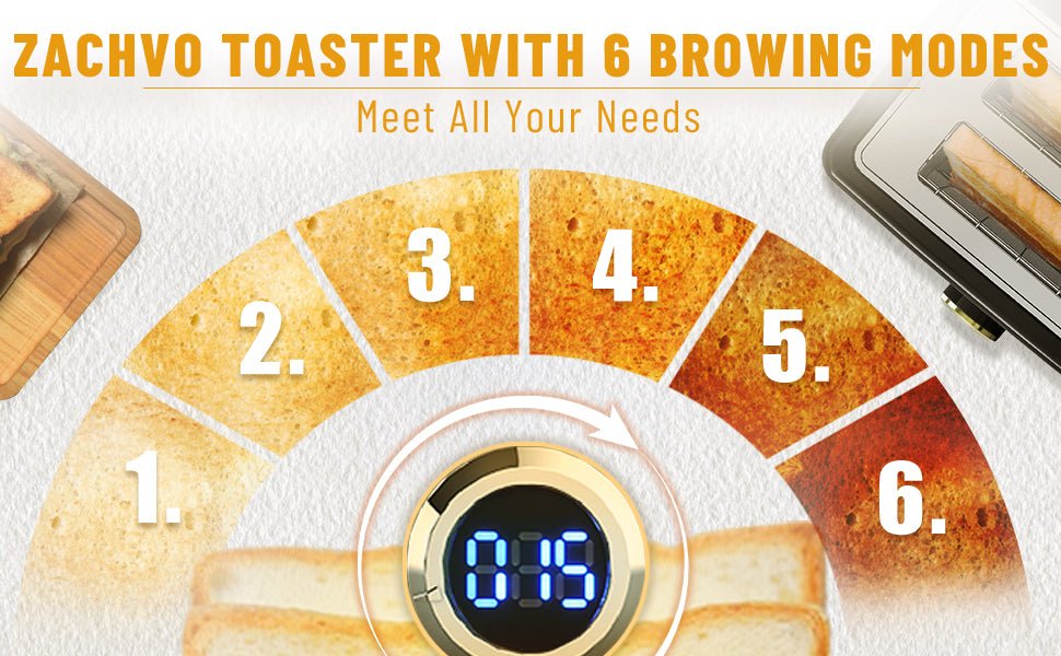 Toaster 2 Slice - ZACHVO Toaster with LCD Countdown Timer, 6 Browning Setting - 850W Bread Toaster with Warming Rack and Removable Crumb Tray - High Lift, Reheat, Defrost, Cancel Function - Amazing Gadgets Outlet