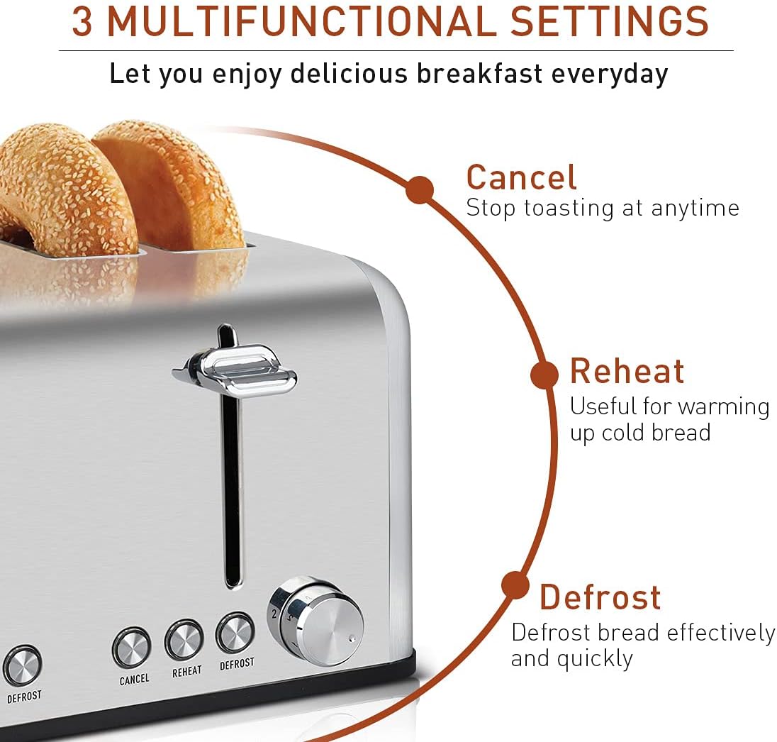 Toaster 4 Slices, Cusimax Stainless Steel Toaster with 4 Extra - Wide Bread Slots and 6 Variable Browning Shade Controls, Featuring with Defrost, Reheat and Cancel Settings, Removable Crumb Tray - Amazing Gadgets Outlet