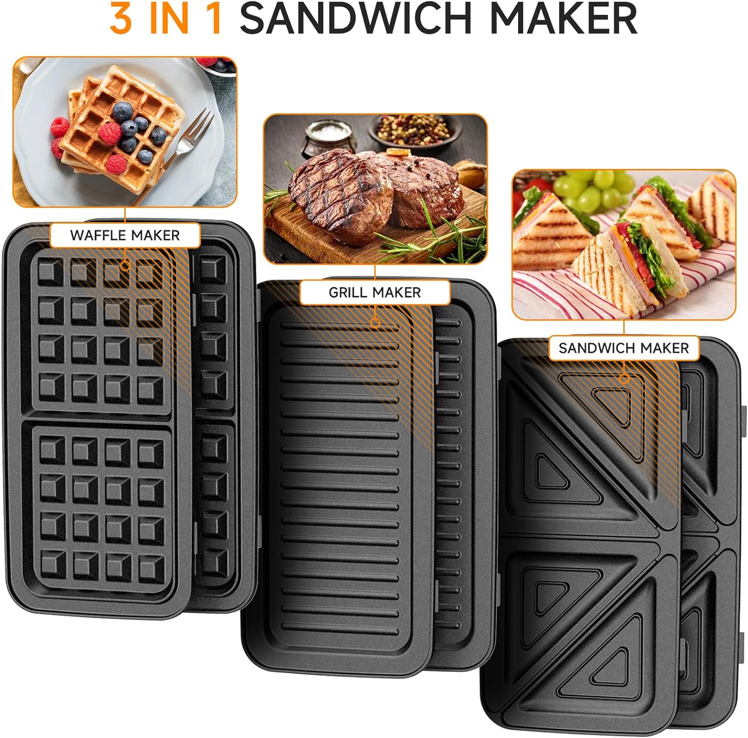 Toastie Maker 1200w, 3 in 1 Waffle Maker, 4 Slice Sandwich Toaster With 5 - Gear Temperature Control and Removable Plates, Sandwich Maker with Non - Stick Plates, Panini Press Grill, Double - Sided Heating - Amazing Gadgets Outlet