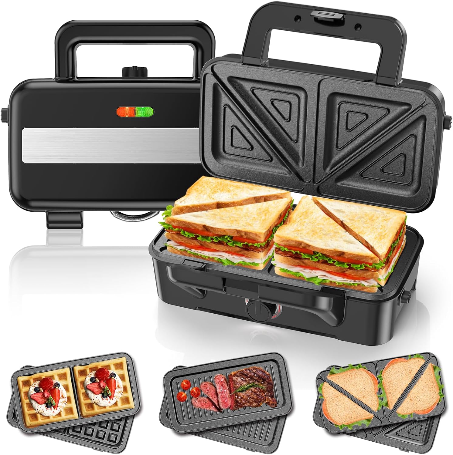 Toastie Maker 1200w, 3 in 1 Waffle Maker, 4 Slice Sandwich Toaster With 5 - Gear Temperature Control and Removable Plates, Sandwich Maker with Non - Stick Plates, Panini Press Grill, Double - Sided Heating - Amazing Gadgets Outlet