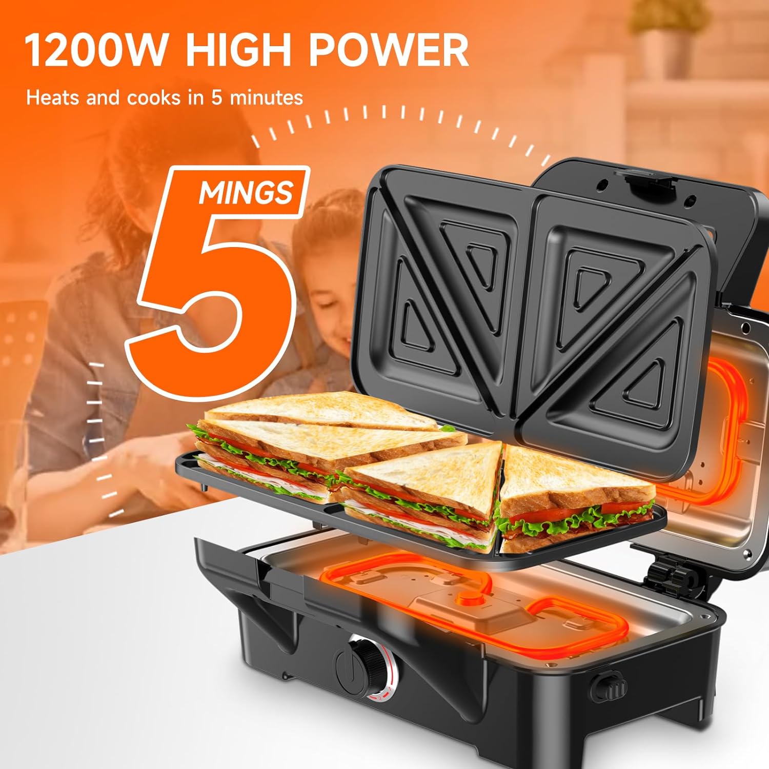 Toastie Maker 1200w, 3 in 1 Waffle Maker, 4 Slice Sandwich Toaster With 5 - Gear Temperature Control and Removable Plates, Sandwich Maker with Non - Stick Plates, Panini Press Grill, Double - Sided Heating - Amazing Gadgets Outlet