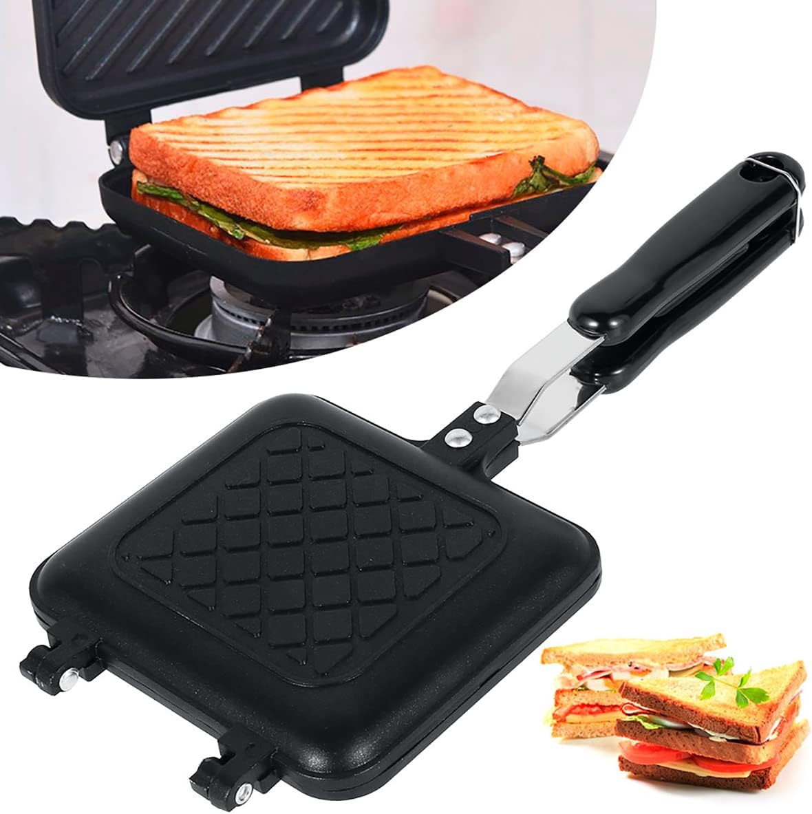 Toastie Maker Double Side Bread Frying Pan Non Stick Stovetop Sandwich Maker Toast Machine with Heat - Resistant Handles Multiple Purposes Sandwich Press Camping Toaster for Gas Stove - Amazing Gadgets Outlet