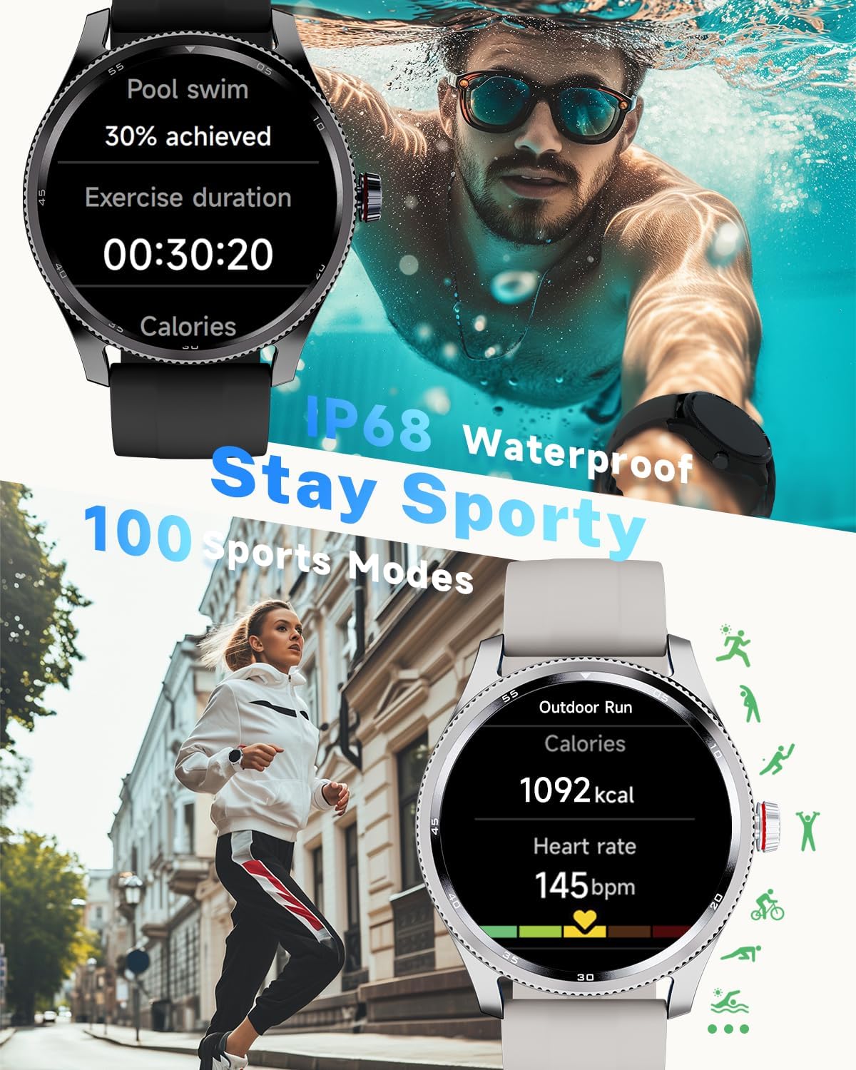 TOOBUR Smart Watch Men Women Alexa Built - in, Answer Make Call, IP68 Waterproof, Heart Rate/Step Counter/Sleep Tracker/100 Sports Run Swim, Fitness Sport Watch Compatible Android iOS, Metal Bezel - Amazing Gadgets Outlet