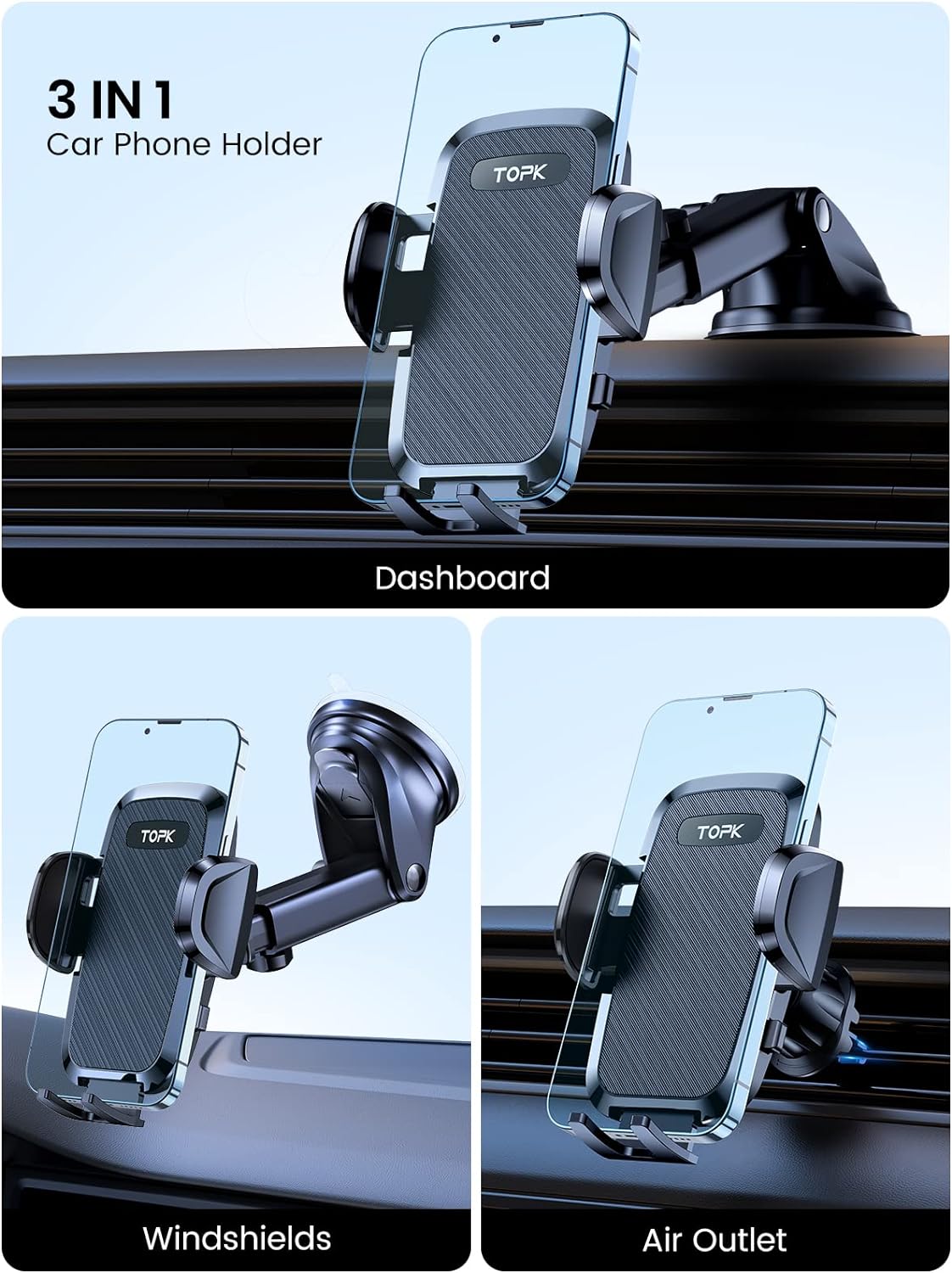 TOPK Car Phone Holder, [2023 Military - Grade Suction & Hook ] Phone Holder for Cars 4 in 1 Super Stable Car Phone Mount for Car Dashboard/Windscreen/Air Vent Compatible with All Mobile Phones - Amazing Gadgets Outlet