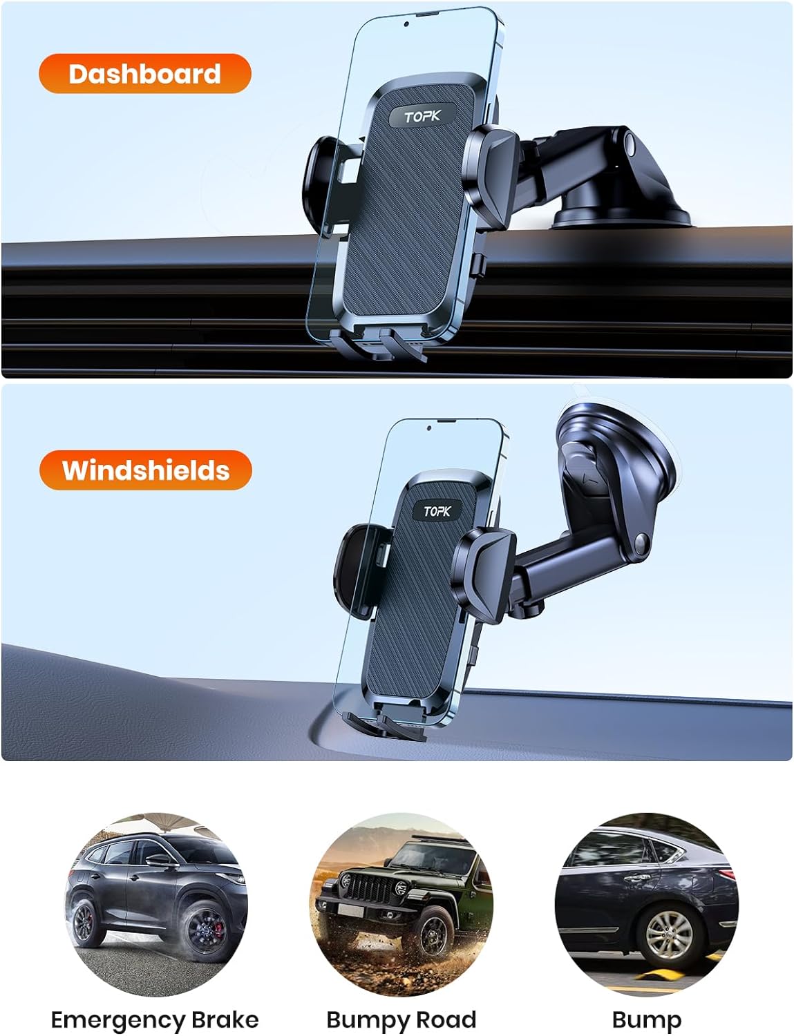 TOPK Car Phone Holder, Phone Holder for Cars Dashboard/Windscreen Adjustable 360° Rotation Upgraded Strong Suction Car Phone Mount for All 4.7 to 6.8 inch Smartphones - Amazing Gadgets Outlet