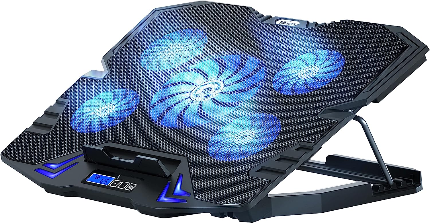 TopMate C5 Laptop Cooling Pad Gaming Notebook Cooler, Laptop Fan Cooling Stand Adjustable Height with 5 Quiet Fans Blue LED Light, Computer Chill Mat with LCD Controller, for 10 - 15.6 Inch Laptops - Amazing Gadgets Outlet