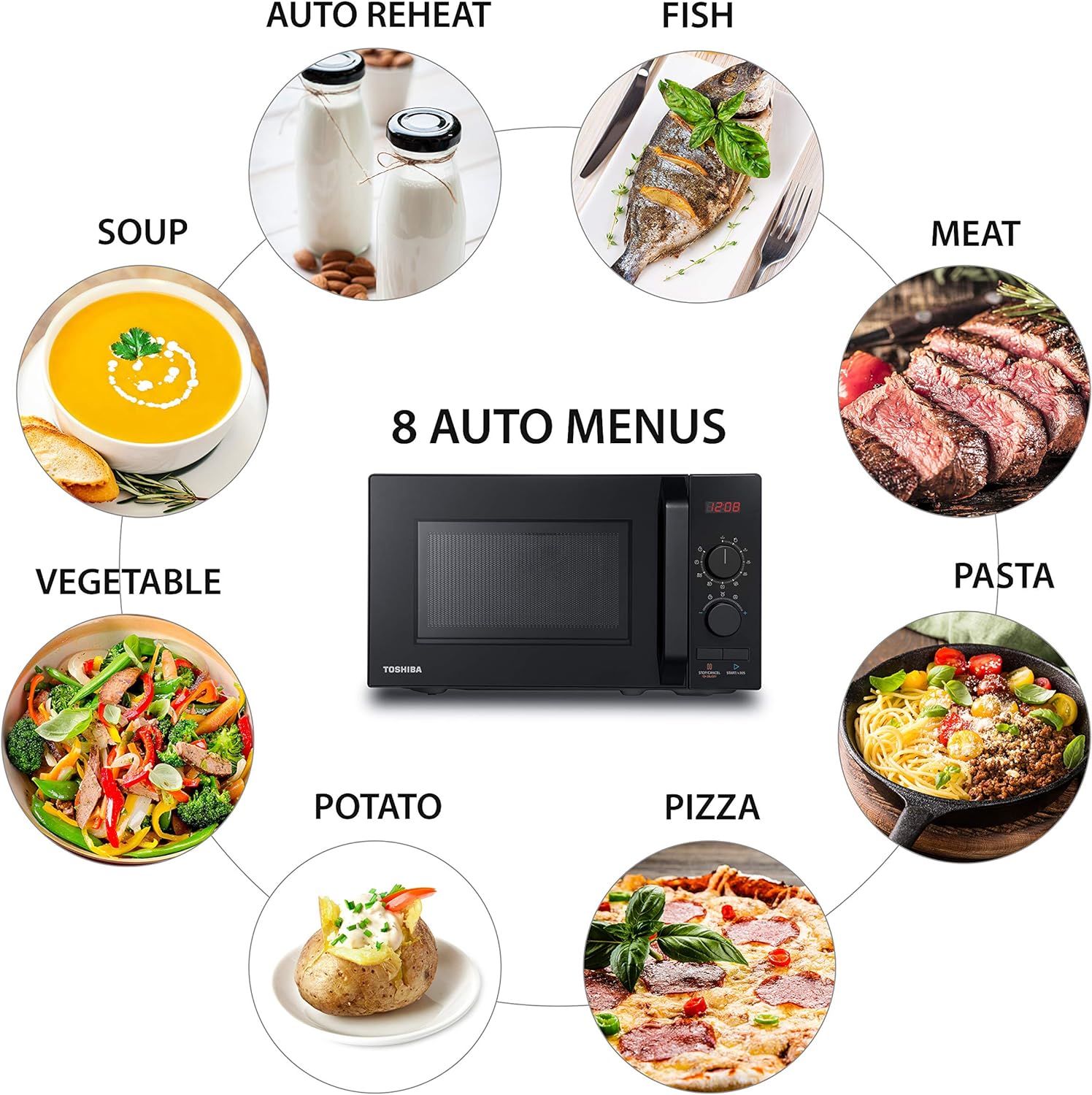 Toshiba 800w 20L Microwave Oven with 8 Auto Menus, 5 Power Levels, Mute Function, and LED Cavity Light - Black - MW2 - AM20PF(BK) - Amazing Gadgets Outlet