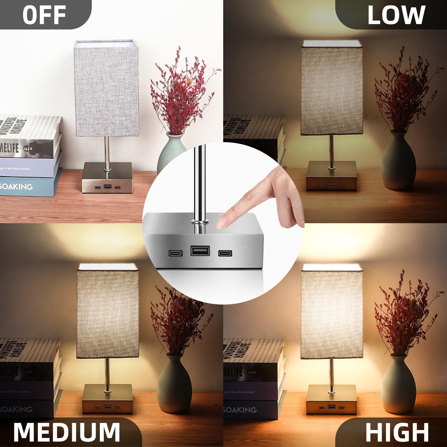 Totofac Bedside Lamps, Touch Control Table Lamp with USB A+C Charging Ports, Lamps 3 Way Dimmable, for Bedroom Living Room Grey Fabric Shade (LED Bulb Included) - Amazing Gadgets Outlet