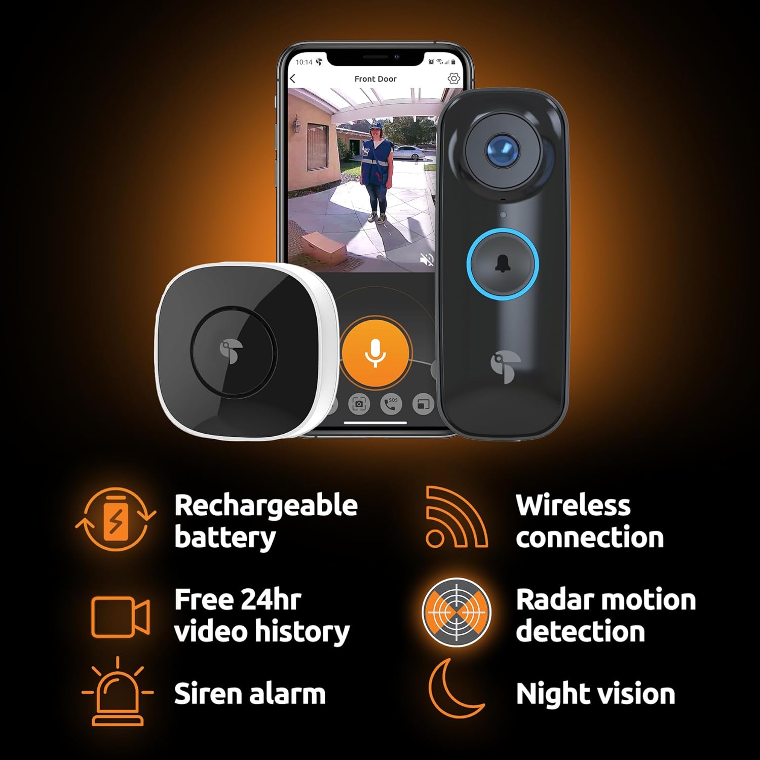 TOUCAN Wireless Video Doorbell Pro with Chime Doorbell | RADAR Motion Detection, XL Recharable Battery, 2K QHD Video Recording with 180° Ultra - Wide View, Two - Way Talk & Siren Alarm - Amazing Gadgets Outlet