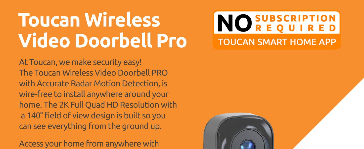 TOUCAN Wireless Video Doorbell Pro with Chime Doorbell | RADAR Motion Detection, XL Recharable Battery, 2K QHD Video Recording with 180° Ultra - Wide View, Two - Way Talk & Siren Alarm - Amazing Gadgets Outlet