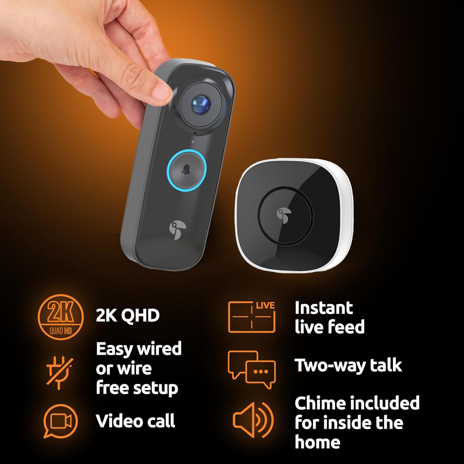 TOUCAN Wireless Video Doorbell Pro with Chime Doorbell | RADAR Motion Detection, XL Recharable Battery, 2K QHD Video Recording with 180° Ultra - Wide View, Two - Way Talk & Siren Alarm - Amazing Gadgets Outlet