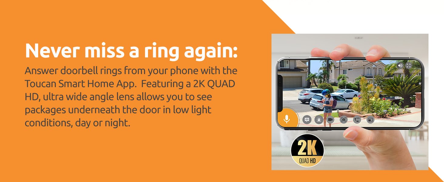 TOUCAN Wireless Video Doorbell Pro with Chime Doorbell | RADAR Motion Detection, XL Recharable Battery, 2K QHD Video Recording with 180° Ultra - Wide View, Two - Way Talk & Siren Alarm - Amazing Gadgets Outlet