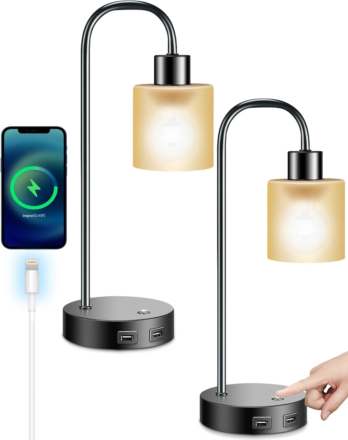 Touch Bedside Lamps Set of 2,Stepless Fully Dimmable Edison Industrial Table Lamps with 2 USB Charging Ports,Black Minimalist Nightstand Lamp for Reading Bedroom Living Room Office,2 LED Bulb Included - Amazing Gadgets Outlet