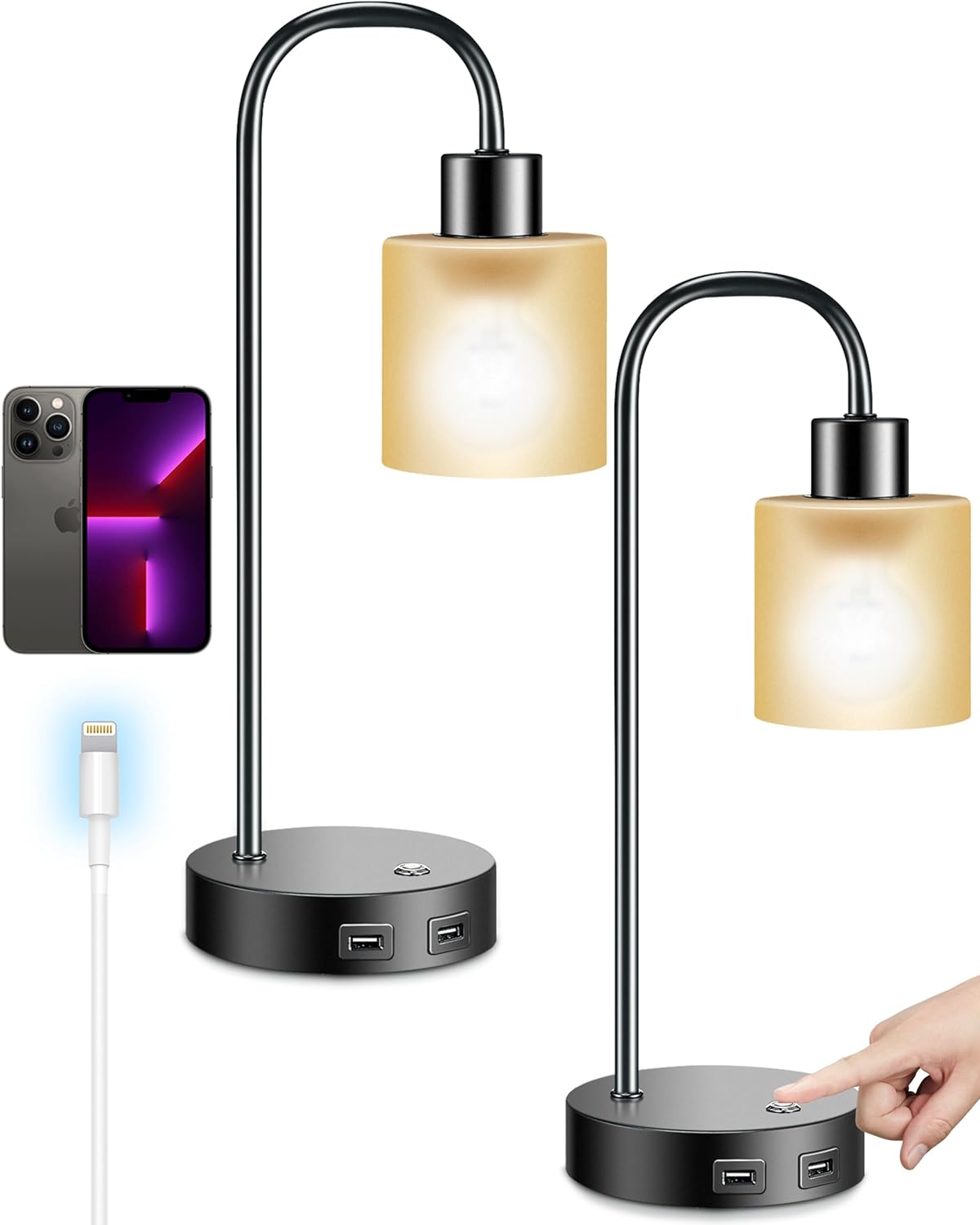 Touch Bedside Lamps Set of 2,Stepless Fully Dimmable Edison Industrial Table Lamps with 2 USB Charging Ports,Black Minimalist Nightstand Lamp for Reading Bedroom Living Room Office,2 LED Bulb Included - Amazing Gadgets Outlet